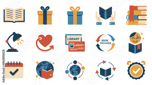 A collection of flat design icons illustrating various aspects of reading, learning, libraries, book exchange, and literary activities.