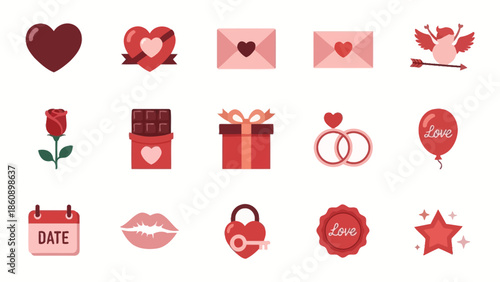 A vibrant collection of flat design Valentine's Day icons featuring hearts, gifts, roses, and other romantic symbols.