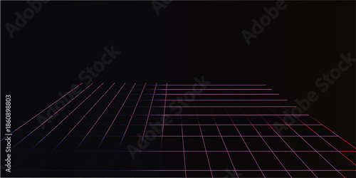 Retro-futuristic glowing pink and purple grid receding into a dark, empty digital space, evoking a vintage computer graphics aesthetic.