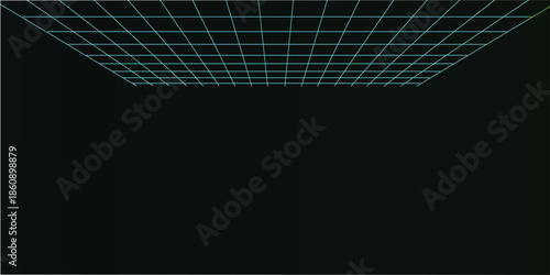 A digital blue grid pattern receding into a dark, empty virtual space, creating a futuristic and abstract background.