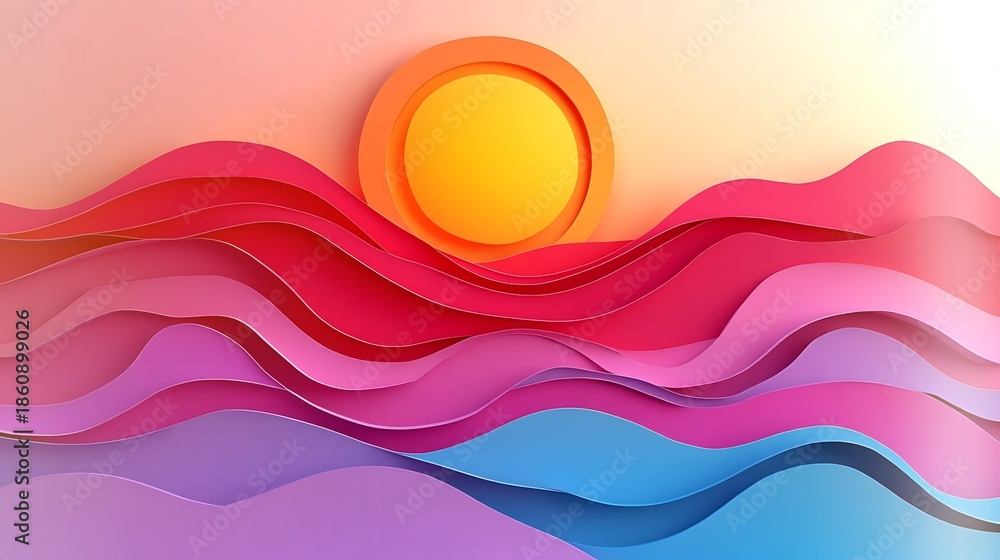 Fototapeta premium Vibrant sunset over colorful layered mountain landscape