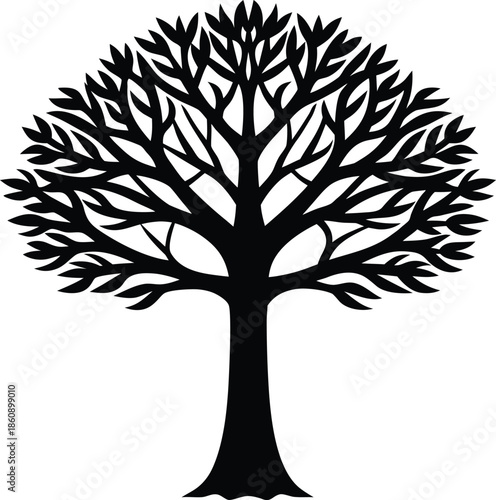 Black silhouette of a stylized tree with spreading branches and leaves on a white background 1
