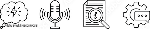 Technology communication and idea generation vector illustration icon set with gear document radar and lightbulb isolated on white background