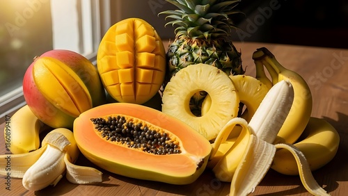 Fresh Tropical Fruit Assortment on Wooden Table
