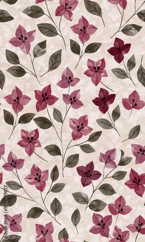 Seamless watercolor floral pattern with mauve flowers and leafy branches on a soft neutral background.