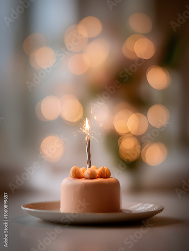 Mini birthday cake with sparkler and bokeh background