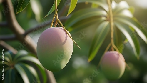 Mangoes on a Branch in Sunlit Orchard