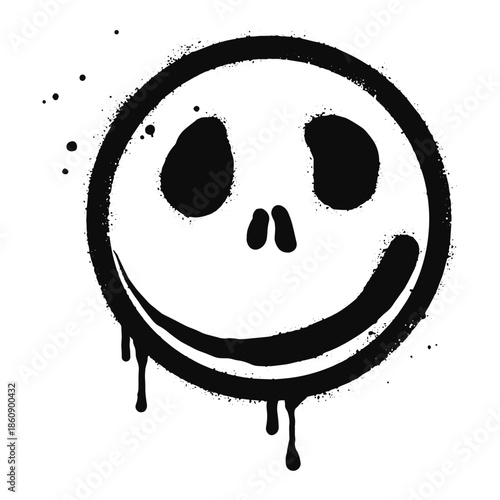 Smiling face emoji character. Spray painted graffiti skull in black over white. Skull head symbol. isolated on white background