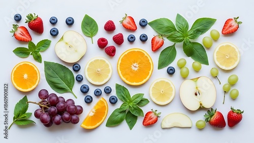 Colorful Fresh Fruit Arrangement with Citrus Leaves and Berries on Light Blue Background