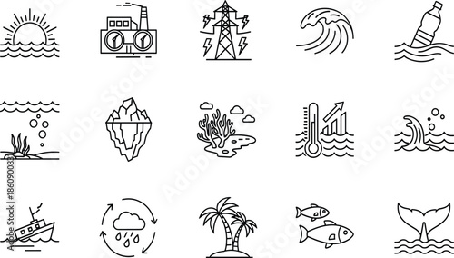 Ocean environmental line icons set illustrating marine pollution climate change renewable energy waves wildlife sustainability ecosystem conservation nature awareness symbols