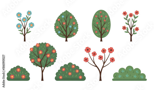 Cartoon green bushes with flowers vector set for forest and park shrubbery isolated on white background