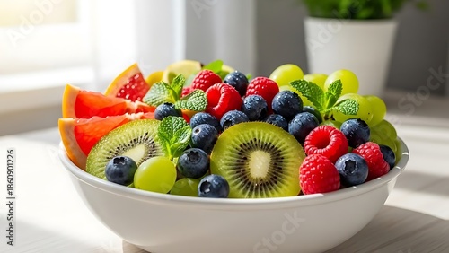 Fresh Fruit Bowl with Kiwi, Berry, Grapes and Citrus on White Plate