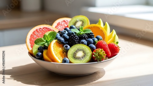 Fruit Bowl with Citrus Kiwi Berry Slice on Kitchen Table
