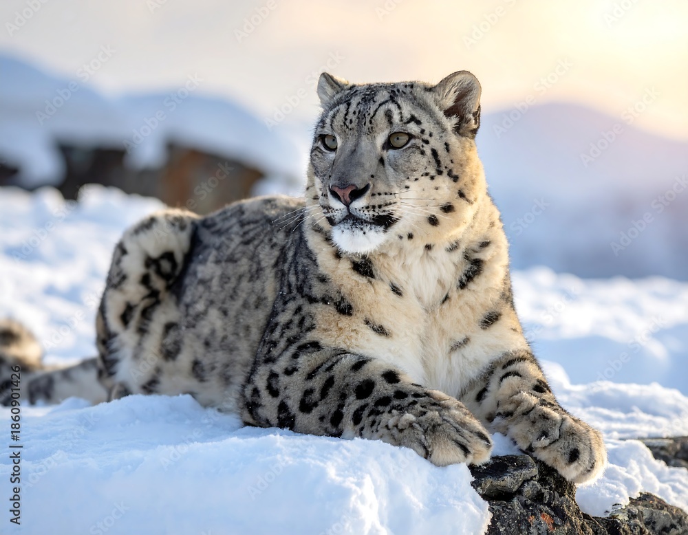 Fototapeta premium A majestic snow leopard rests on a snow-covered outcrop with a peaceful expression, basking in the soft sunlight