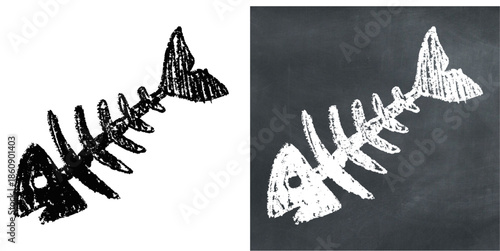 Chalk handdrawn fish bone vector for seafood menus. Ideal for illustrating leftovers, cat food, marine waste, and restaurant blackboards.