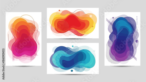 Abstract colorful shapes in various vibrant hues on a clean white background