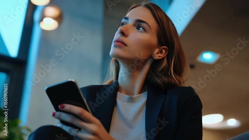 This is a stock of a woman in an indoor setting, seemingly preoccupied or engrossed with her smartphone. She appears to be in a professional environment such as an office.