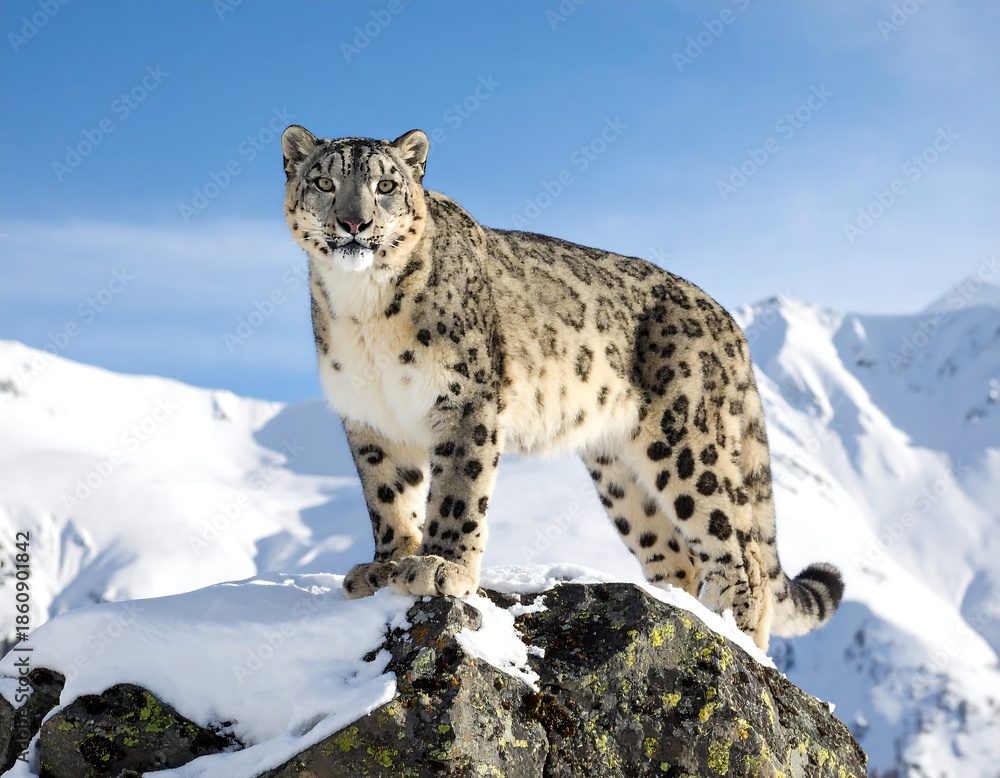 Fototapeta premium A majestic snow leopard stands poised atop a snowy rock, surveying a stunning mountain vista under a clear blue sky