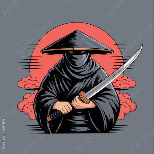 Mysterious Ninja in Dark Robe with Sword.