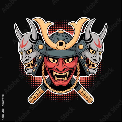 Demon Samurai Mask with Swords Illustration.