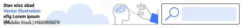 Knowledge acquisition, mental processes, search tools, education, data research, thinking concepts. Stylized head with brain, hand gesture and a search icon. Knowledge acquisition and mental