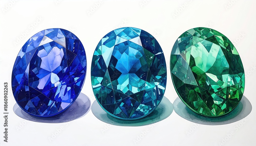 Fototapeta premium Three vibrant gems in varying blues and greens
