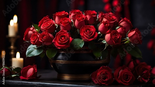 Elegant red roses on a dark romantic background with soft dramatic lighting. Classic Valentine still life symbolizing love, passion, and romance.