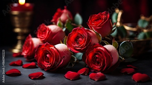 Elegant red roses on a dark romantic background with soft dramatic lighting. Classic Valentine still life symbolizing love, passion, and romance.