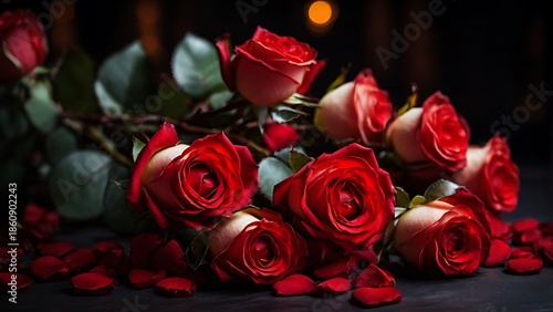 Elegant red roses on a dark romantic background with soft dramatic lighting. Classic Valentine still life symbolizing love, passion, and romance.