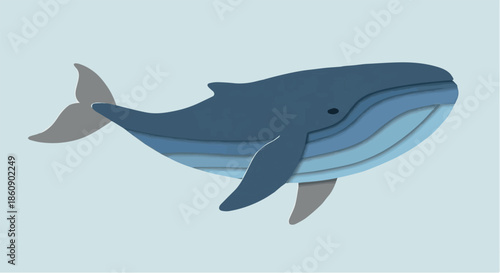 Stylized Blue Whale Illustration with Light Blue Stripes, Showcasing Marine Life in a Peaceful Ocean Scene