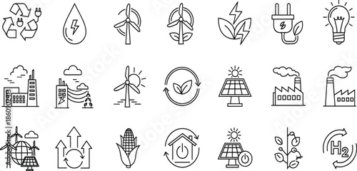 Renewable energy icon set with solar panels wind turbines green technology symbols sustainable power resources eco friendly industry and recycling concepts.