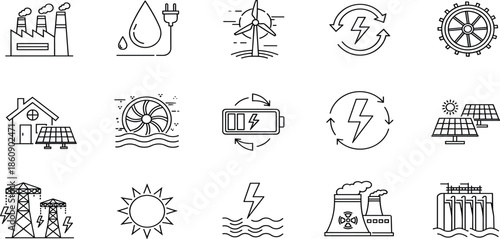 Renewable energy icons set featuring solar panels wind turbines hydrogen fuel cell biomass corn green technology sustainable power and eco industry.