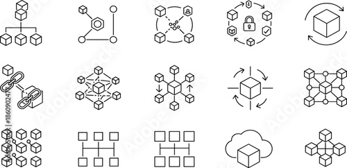 Blockchain network technology icons set, decentralized database system, cryptocurrency data mining, digital link structure, global secure peer to 