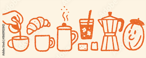 Breakfast coffee doodles with croissant and espresso maker set on beige background featuring hand drawn textured line art icons