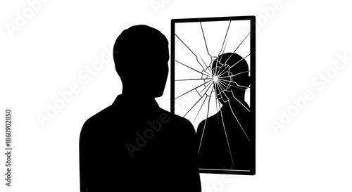 Silhouette of a man looking at his shattered mirror reflection in shock and sadness