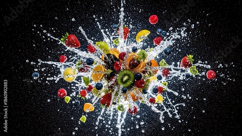 Fruit Medley Splash with Fresh Fruit on Dark Background