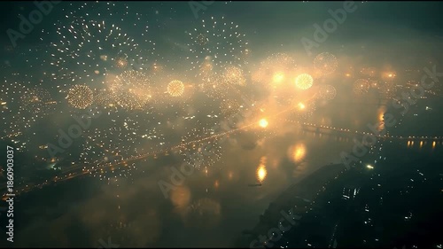 Vibrant Fireworks Explode Over Nighttime City Skyline.