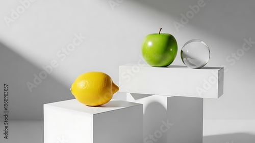 Green Apple and Yellow Lemon on White Pedestals with Glass Sphere