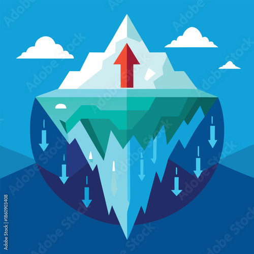 Iceberg metaphor for business success and hidden effort illustration with red and blue arrows