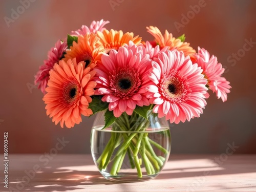 Wallpaper Mural Close-up of gerbera daisies in a glass vase filled with water, illuminated by natural sunlight near a window. Great for floral backgrounds, decoration, and lifestyle concepts Torontodigital.ca