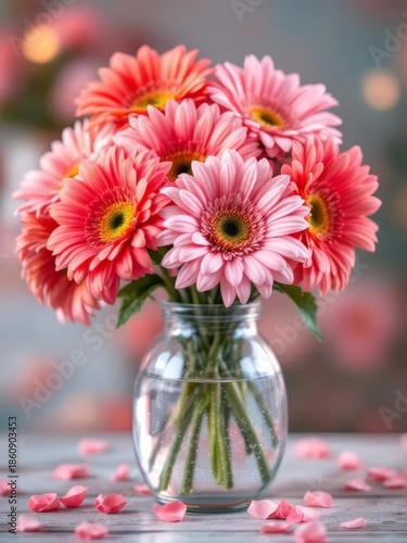 Wallpaper Mural Close-up of gerbera daisies in a glass vase filled with water, illuminated by natural sunlight near a window. Great for floral backgrounds, decoration, and lifestyle concepts Torontodigital.ca