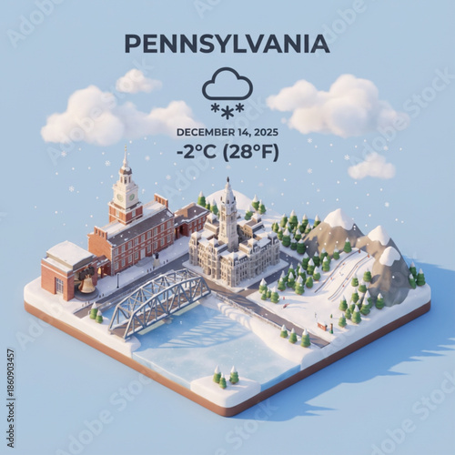 Pennsylvania winter scene with historic buildings and snowy landscape on December 14th