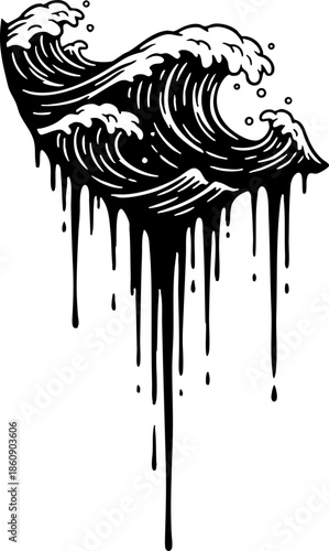Vintage Black Ink Crashing Ocean Wave Graphic Dripping