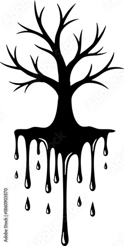 Monochrome Dead Tree Silhouette with Dripping Liquid Roots