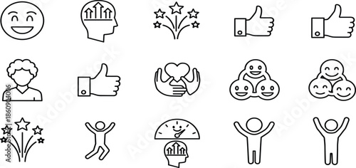 Positive emotion and happiness line icon set showing approval feedback motivation care support success satisfaction joyful people symbols