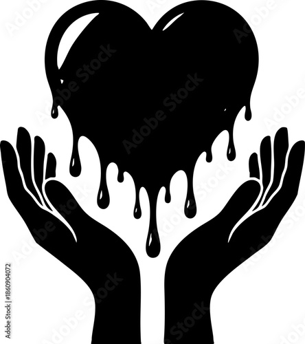 Black melting heart held by human hands graphic symbol.