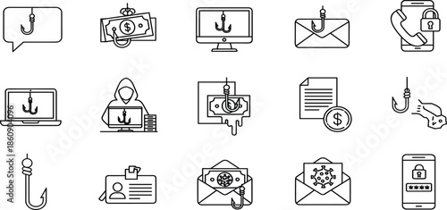 Phishing scam cyber security icons set, online fraud hacking warning, email malware attack, financial theft protection, digital crime line symbols