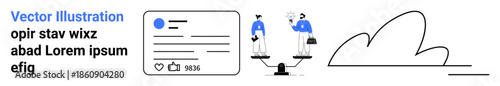 Online identity, social media engagement, professional networking, digital balance, user profiles, data usage. Visual of a profile card, two people on a scale symbolic cloud. Online identity