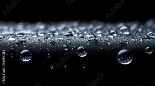 Small water droplets sit on a flat surface catching light in a dark environment. The background shows a smooth texture with clear reflections from the droplets.