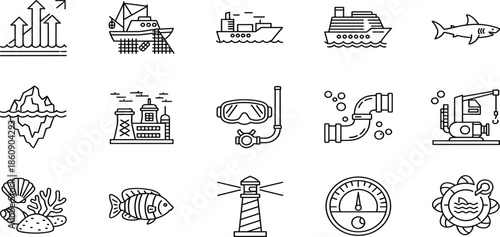 Marine industry line icon set showing ships offshore energy fishing navigation ocean resources sustainability exploration and maritime activity symbols